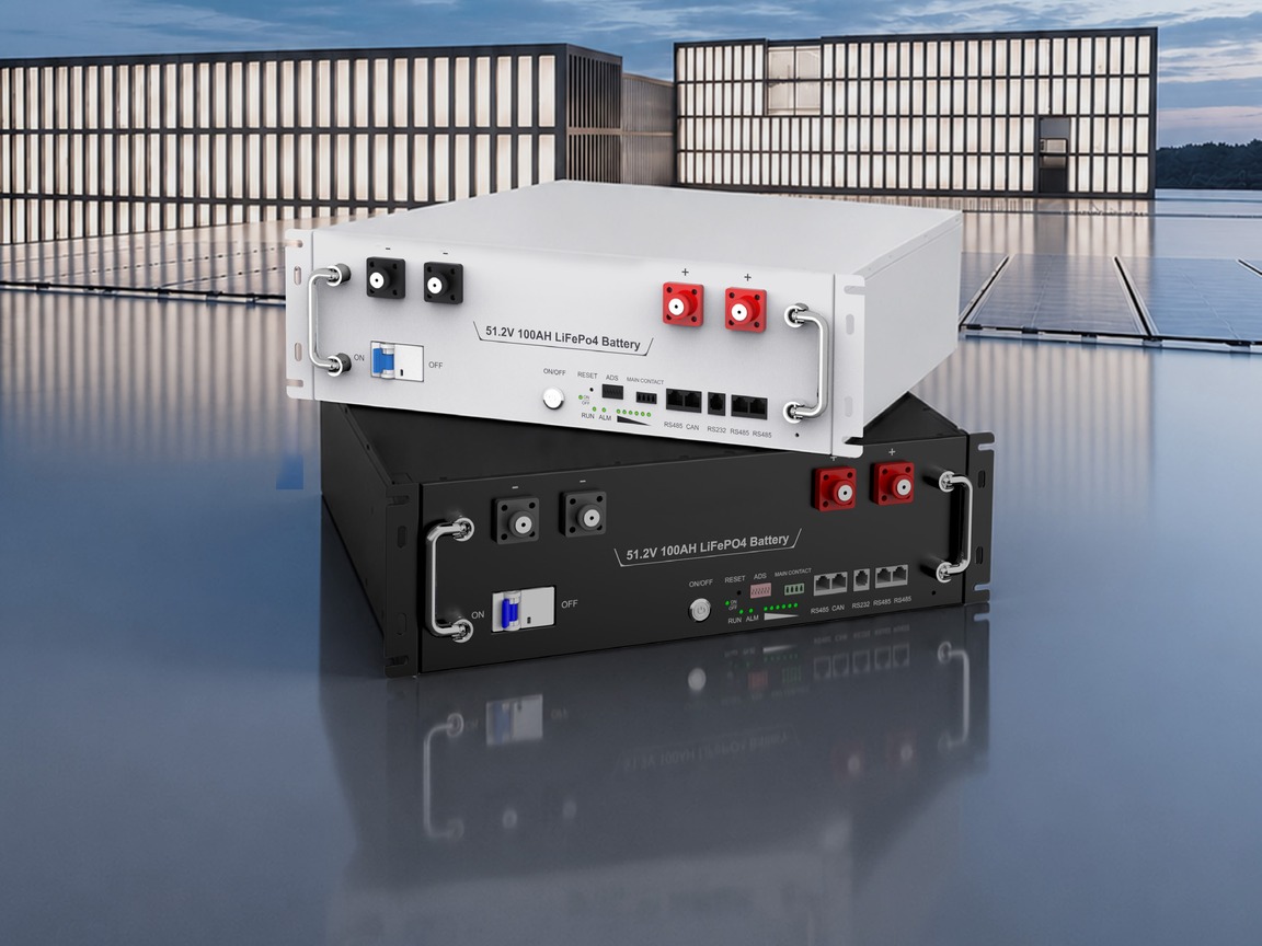 5.12kWh 51.2V stackable LiFePO4 energy storage battery modules showing front connectors, ports, and handles